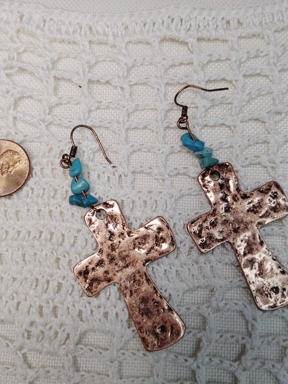 Hammered Copper Cross Dangle Earrings with Turquoise Beads – 3” Drop